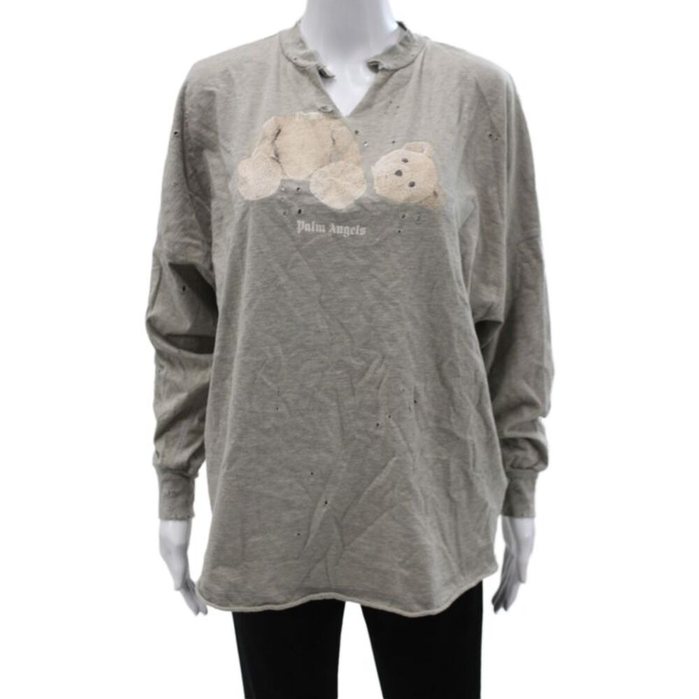 Palm Angels Unisex Adults Gray Bear Graphic V-Neck Long Sleeve T-Shirt Size S